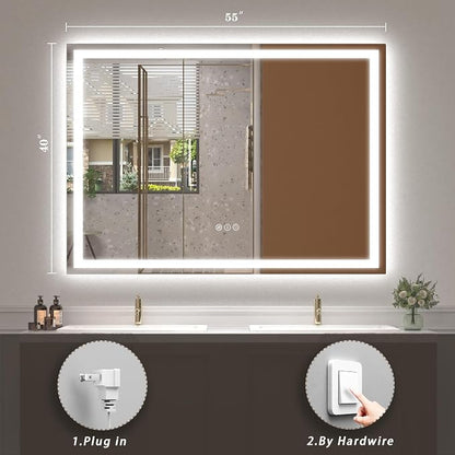 55x40 LED Lighted Bathroom Mirror for Vanity Wall | Front Light and Backlit, Anti-Fog, Memory, 3 Color, Tempered Glass, Dimmable, Rectangular, UL, Horizontal/ Vertical Mounted