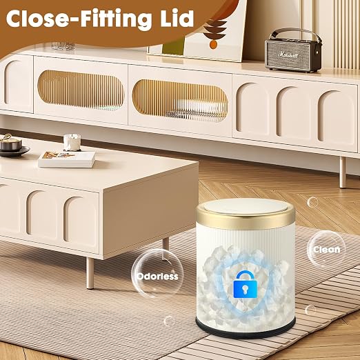 Automatic Bathroom Trash Can with Lid, Touchless Trashcan White Gold | 3.7 Gallon Motion Sensor Garbage Can, Cute Modern trash bin,Smart Waterproof Trash Bin for Bedroom, Office, Restroom,Outdoor