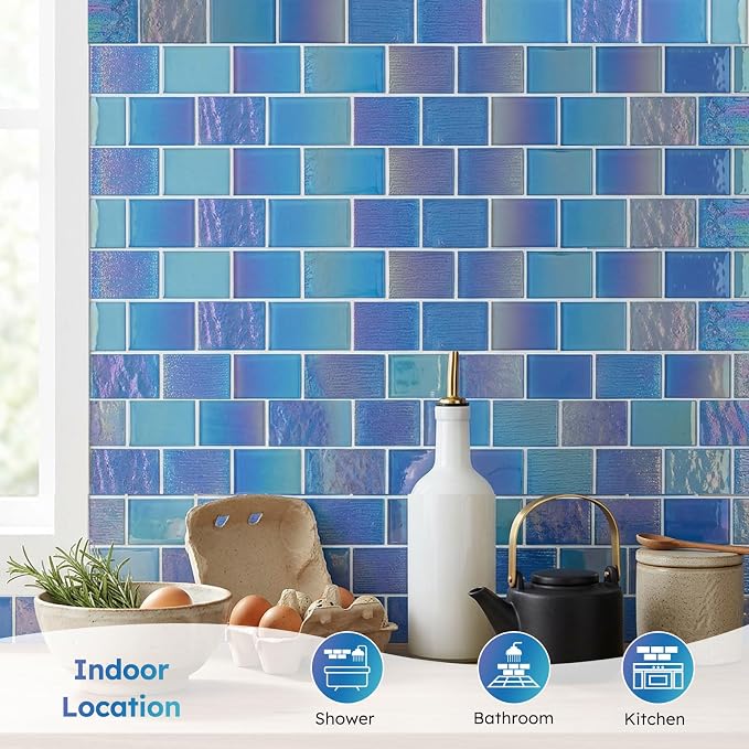 Pool Glass Mosaic Tiles, Iridescent Blue, 2x3 Inch Brick, 5 Sheets | Glass Tile for Swimming Pool, Kitchen Backsplash, Shower, Bathroom Wall, Waterline, Fountain