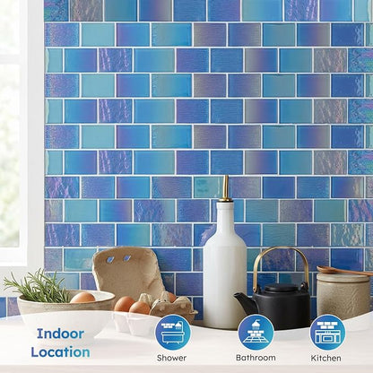 Pool Glass Mosaic Tiles, Iridescent Blue, 2x3 Inch Brick, 5 Sheets | Glass Tile for Swimming Pool, Kitchen Backsplash, Shower, Bathroom Wall, Waterline, Fountain