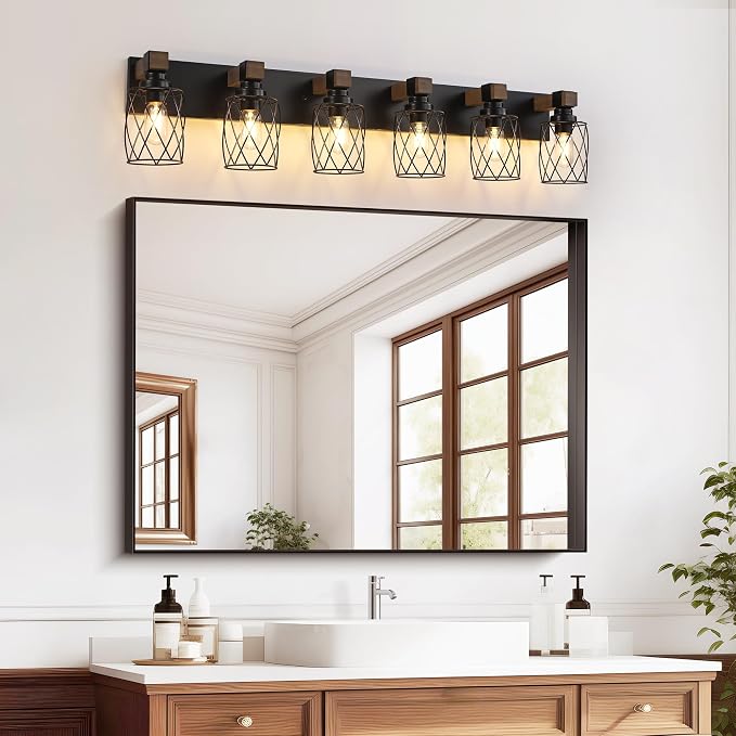 Farmhouse 6-Light Wood Bathroom Vanity Light, Black Metal Cage Shade | Mounted Over Mirror, Industrial Rustic Style, Ideal for Bathroom, Bedroom, Hallway & Living Room, Easy To Install