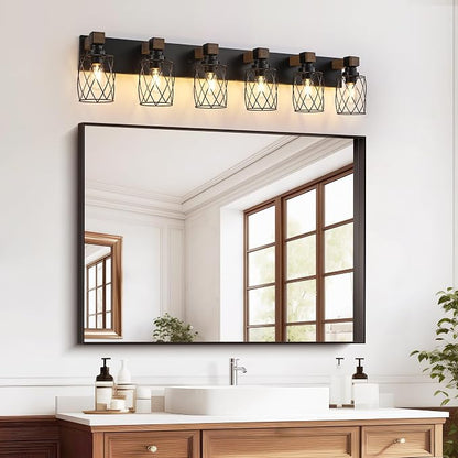 Farmhouse 6-Light Wood Bathroom Vanity Light, Black Metal Cage Shade | Mounted Over Mirror, Industrial Rustic Style, Ideal for Bathroom, Bedroom, Hallway & Living Room, Easy To Install