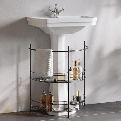Pedestal Sink Organizer - Compact Under Sink Rack with 2 Storage Shelves and Towel Holder - Space Saving Bathroom Storage by Lavish Home (Black)