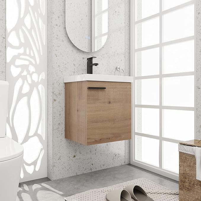 18 Inch Bathroom Vanity with Sink,Wall Mounted Bathroom Vanity Sink Combo with 1 Soft Close Door for Small Space,Modern Floating Bathroom Vanities with Top Basin&Brown Storage Cabinet
