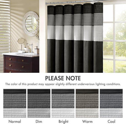 Madison Park Amherst Bathroom Shower Curtain Faux Silk Pieced Striped Modern Microfiber Bath Curtains, 72x72 Inches, Black