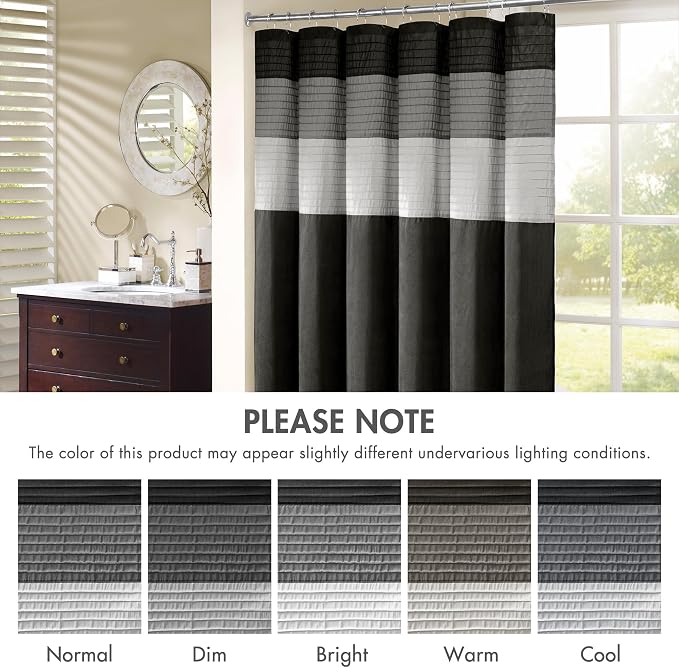 Madison Park Amherst 72 x 72 Bathroom Shower Curtain, Faux Silk, Black | Modern Classic, Light Sheen, Pieced, Striped, Microfiber, Machine Washable, OEKO-TEX Certified, Amherst