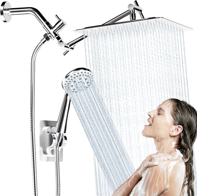 Shower Head with Handheld Spray, 8" High Pressure Rain Shower Head Combo with Adjustable Extension Arm, 5 Spray Modes Dual Showerhead Set, Detachable Handheld Shower, 304 Stainless Steel, Chrome