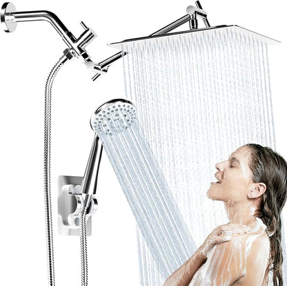 Shower Head with Handheld Spray, 8" High Pressure Rain Shower Head Combo with Adjustable Extension Arm, 5 Spray Modes Dual Showerhead Set, Detachable Handheld Shower, 304 Stainless Steel, Chrome