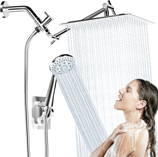 Shower Head with Handheld Spray, 8" High Pressure Rain Shower Head Combo with Adjustable Extension Arm, 5 Spray Modes Dual Showerhead Set, Detachable Handheld Shower, 304 Stainless Steel, Chrome
