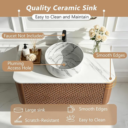 36 Inch Modern Bathroom Vanity with Ceramic Sink, Floating Bathroom Vanity Cabinet with Sintered Stone Top&Solid Wood Hammered Frame, Single Sink Bathroom Vanities w/Soft-Close Drawers,Walnut