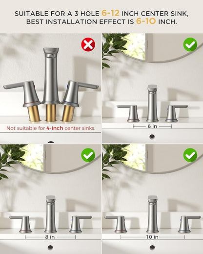 FORIOUS Brushed Nickel Bathroom Faucets 3 Hole, 2 Handle 8 in Widespread Bathroom Faucet Brushed Nickel with Metal Drain, Supply Hose, Water Saving Aerator, for Vanity Sinks, Commercial Sinks
