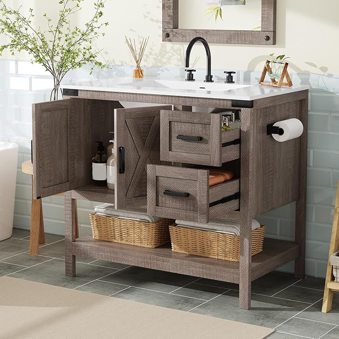 AMERLIFE 36" Farmhouse Bathroom Vanity with Sink Combo, Wood Barn Door Freestanding Small Single Bath Storage Cabinet Set with Sliding Drawers & Open Shelf, Paper Towel Holder, Light Gray