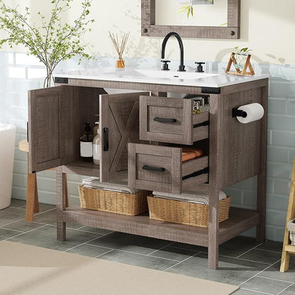 AMERLIFE 36" Farmhouse Bathroom Vanity with Sink Combo, Wood Barn Door Freestanding Small Single Bath Storage Cabinet Set with Sliding Drawers & Open Shelf, Paper Towel Holder, Light Gray