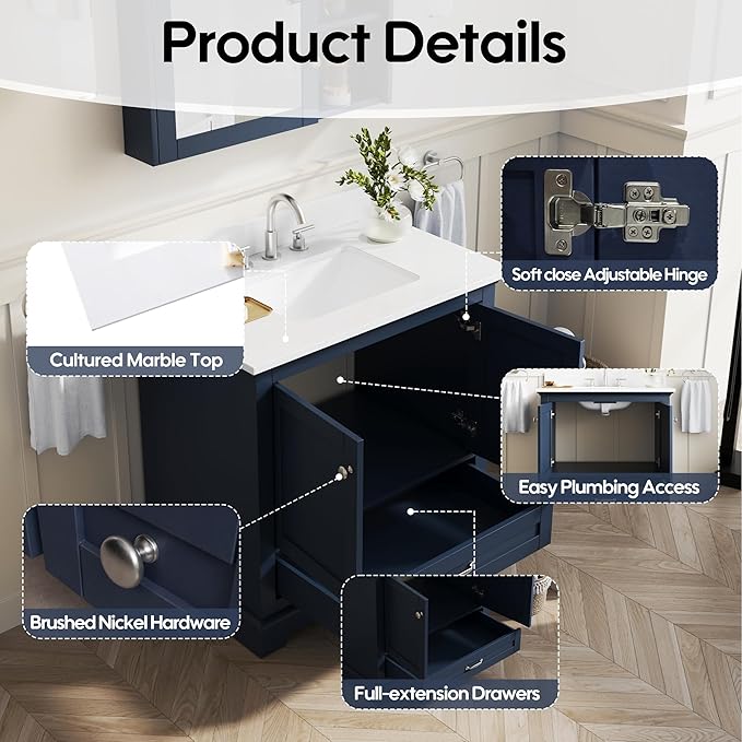 WELLFOR 36" Bathroom Vanity with Sink, Bathroom Freestanding Vanity W/ 2 Soft-Close Doors and 1 Soft-Close Drawers, Bathroom Cabinet Vanity with Cultured Marble Countertop (Navy Blue)