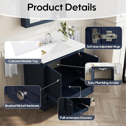 WELLFOR 36" Bathroom Vanity with Sink, Bathroom Freestanding Vanity W/ 2 Soft-Close Doors and 1 Soft-Close Drawers, Bathroom Cabinet Vanity with Cultured Marble Countertop (Navy Blue)