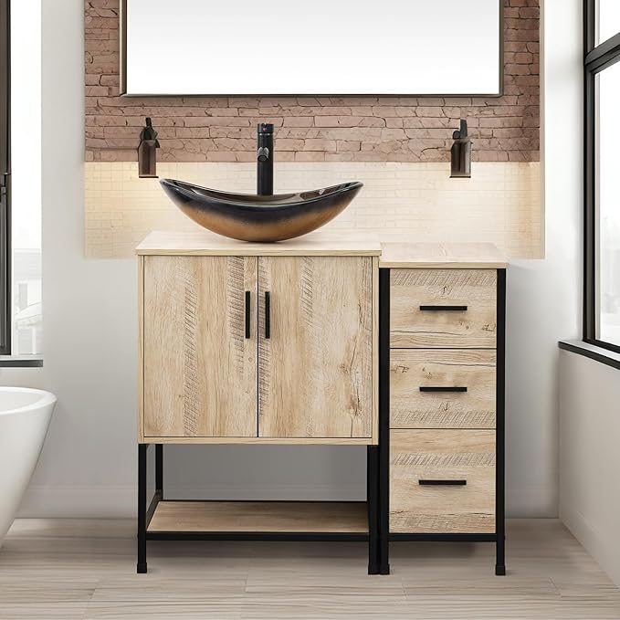 UEV 36" Rustic Oak Bathroom Vanity with Sink Combo,Industrial Iron Frame Bathroom Cabinet Sets with 3 Drawers Side Cabinet,Modern Champagne Boat Tempered Glass Vessel Sink(029CH