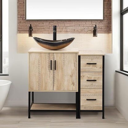 UEV 36" Rustic Oak Bathroom Vanity with Sink Combo,Industrial Iron Frame Bathroom Cabinet Sets with 3 Drawers Side Cabinet,Modern Champagne Boat Tempered Glass Vessel Sink(029CH