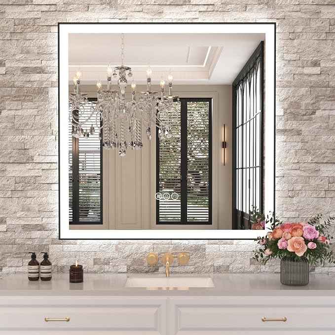 36"x36" LED Bathroom Mirror, Frontlit&Backlit, Controlled Separately | Black Metal Frame, Stepless Dimmable, Anti-Fog, HD Reflection, Shatter-Proof, 3 Colors Lighting, Memory, UL Listed