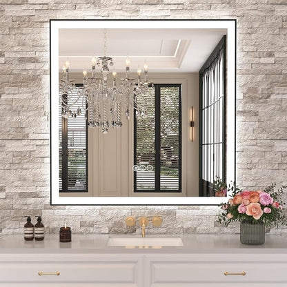 36"x36" LED Bathroom Mirror, Frontlit&Backlit, Controlled Separately | Black Metal Frame, Stepless Dimmable, Anti-Fog, HD Reflection, Shatter-Proof, 3 Colors Lighting, Memory, UL Listed