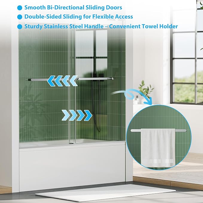60" x 59" Frameless Sliding Shower Door for Bathtub, Dual 1/4" Brushed Tempered Glass Panels, Stainless Steel Square Top Rail & Dual Handles, Smooth Bi-Directional Sliding, Space-Efficient