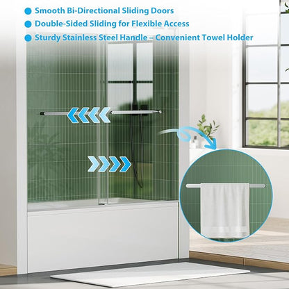 60" x 59" Frameless Sliding Shower Door for Bathtub, Dual 1/4" Brushed Tempered Glass Panels, Stainless Steel Square Top Rail & Dual Handles, Smooth Bi-Directional Sliding, Space-Efficient