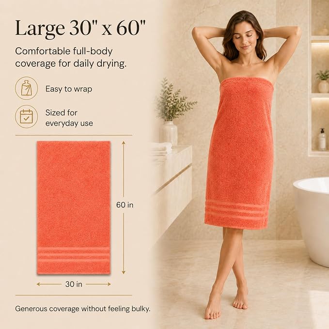 Velqora Bath Towels, 2 Pack, 30x60 in, 100% Cotton, Soft & Absorbent, Coral | Balanced Weight | Everyday Comfort | Easy Care