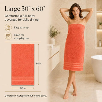 Velqora Bath Towels, 2 Pack, 30x60 in, 100% Cotton, Soft & Absorbent, Coral | Balanced Weight | Everyday Comfort | Easy Care