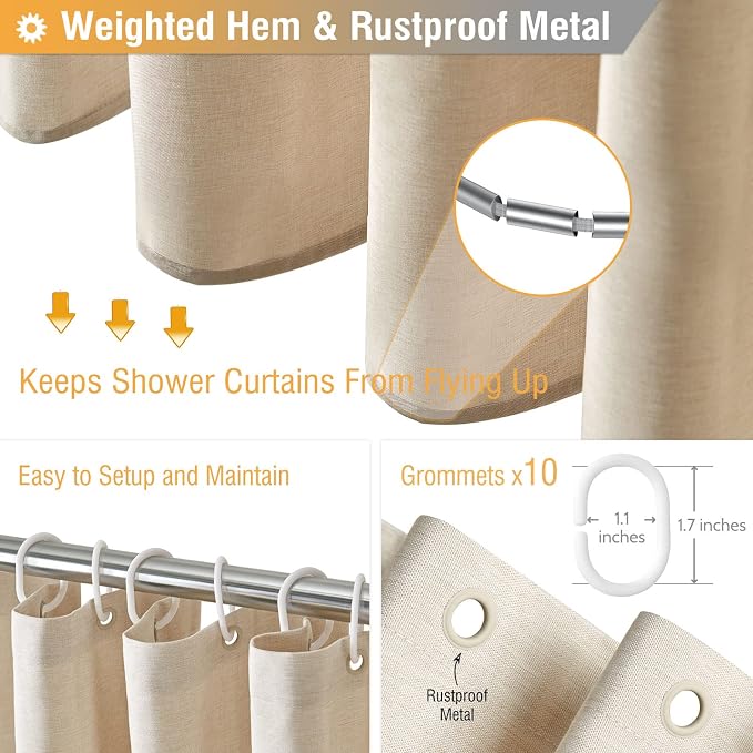 Narrow Long Linen Textured Fabric Shower Curtain, 60x84, Beige/Cream | Narrow Long Size, 230GSM Waterproof Polyester, Heavy Duty Cloth, Weighted Hem, 10 Hooks, Modern Hotel Style, Machine Washable