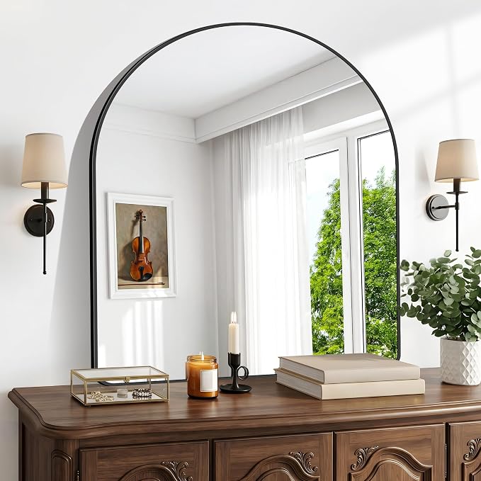BONEWEI Arched Wall Mirror,36x40 inch Black Arched Mirror Bathroom,Vanity Mirror for Over Sink Metal Frame,Tempered Glass Arch Mirrors for Bedroom,Entryway,Living Room,Home Decor Shatter-Proof