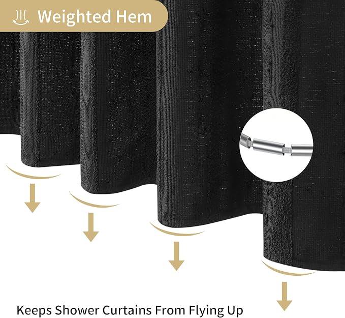 Black Shower Curtain Boho, Cotton Blend Waffle Shower Curtains Textured, Fabric Shower Curtain for Bathroom, Hotel, Washable,72 x 72
