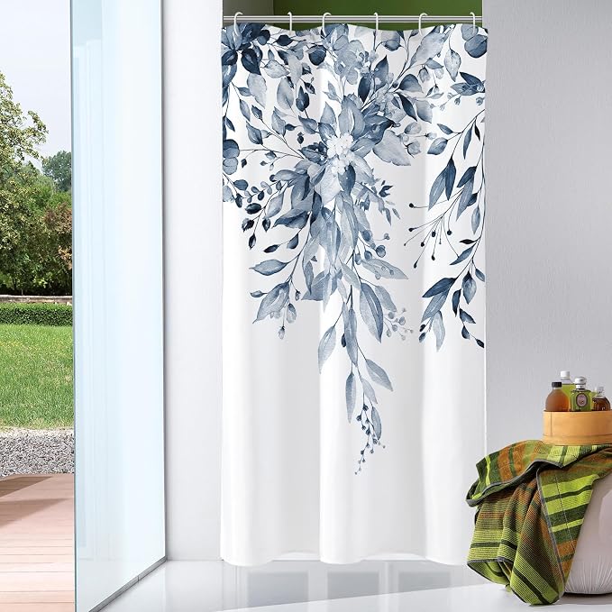 Navy Eucalyptus Shower Curtain, Watercolor Floral Print, 60x72 | Watercolor Plant Leaves Floral Print, Waterproof Fabric Bathroom Decor, Machine Washable, Rustproof Grommets