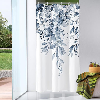 Navy Eucalyptus Shower Curtain, Watercolor Floral Print, 60x72 | Watercolor Plant Leaves Floral Print, Waterproof Fabric Bathroom Decor, Machine Washable, Rustproof Grommets