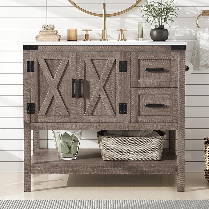 AMERLIFE 36" Farmhouse Bathroom Vanity with Sink Combo, Wood Barn Door Freestanding Small Single Bath Storage Cabinet Set with Sliding Drawers & Open Shelf, Paper Towel Holder, Light Gray
