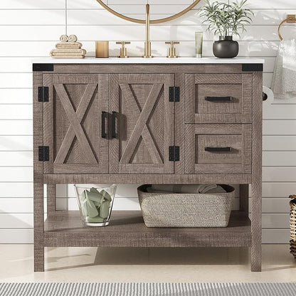 AMERLIFE 36" Farmhouse Bathroom Vanity with Sink Combo, Wood Barn Door Freestanding Small Single Bath Storage Cabinet Set with Sliding Drawers & Open Shelf, Paper Towel Holder, Light Gray