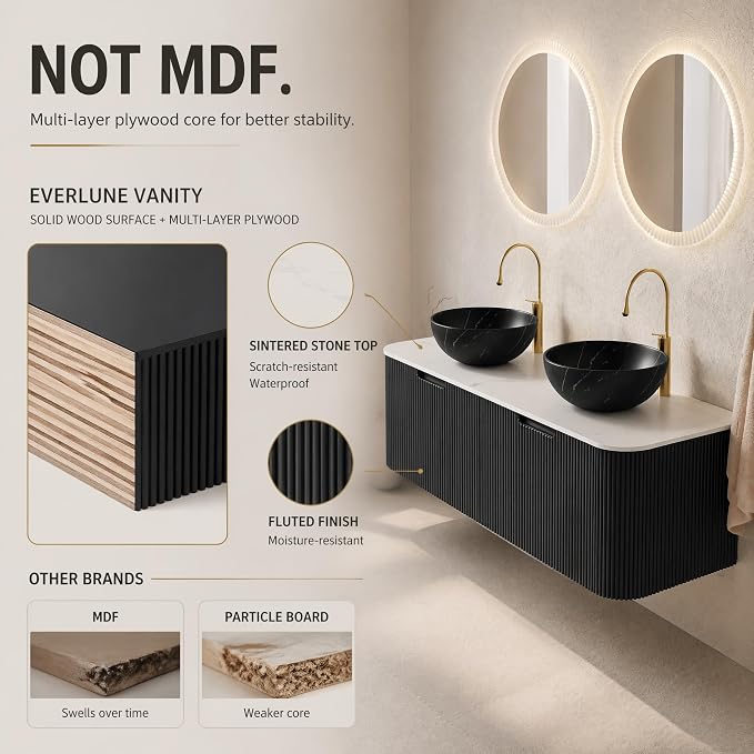 60 Inch Double Sink Bathroom Vanity, Floating Wall Mounted Cabinet, Black Curved Fluted Front, Stone Top, Dual Black Marble Vessel Basins, Pre-Assembled