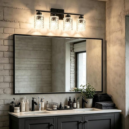4-Light Bathroom Light Fixtures, Black Vanity Lights Over Mirror | Wall Sconces with Clear Textured Glass Shades for Living Room Bedroom Hallway,E26 Base (Bulbs Not Included)