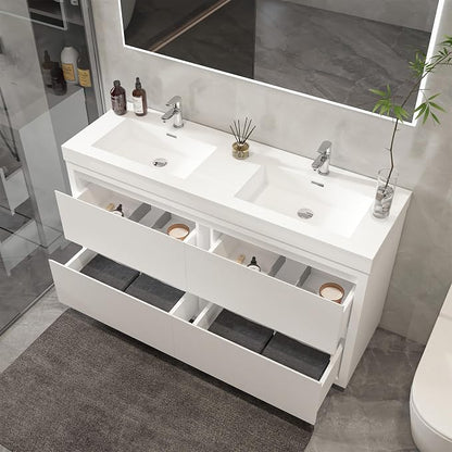Vanity Art 60 Inch Double Sinks Floor Standing Bathroom Vanity Set 2 Drawers Storage Cabinet with White Engineered Stone Top Undermount Rectangle Sinks High-Glossy Finish