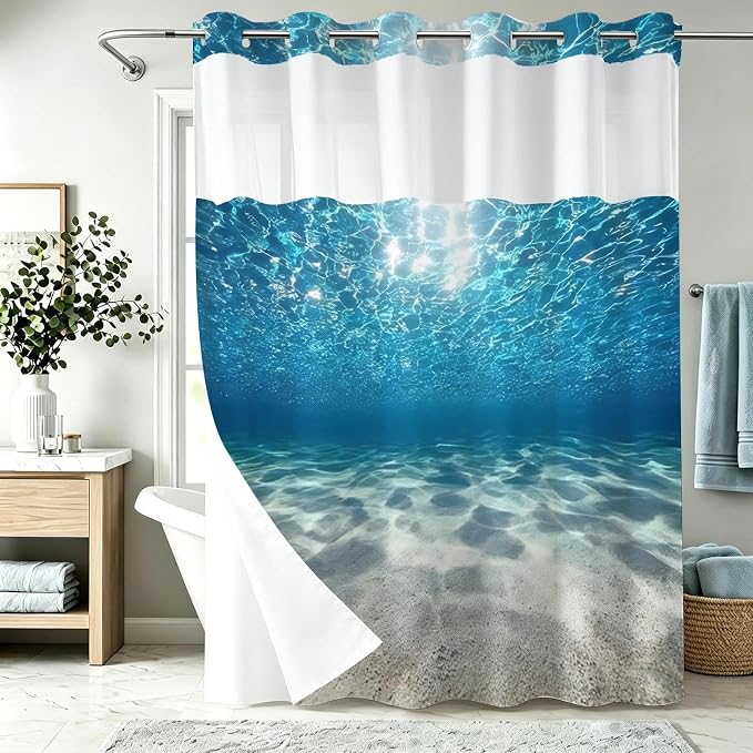 Modern Ocean Luxury No Hook Shower Curtain Nautical Tropical Aesthetic | Funky No Hook Shower Curtain with Snap in Liner, Waterproof Ringless Shower Curtains for Bathroom 72x74 Inch Blue