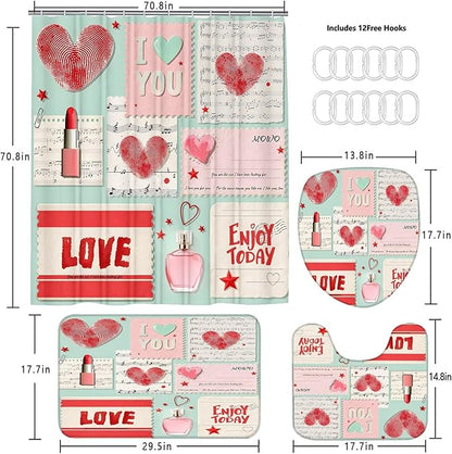 DDQQ 4Pcs Valentine's Day Shower Curtain Set Love Letter Post Office Bathroom Sets Modern Shower Curtain Set for Bathroom Sets with Rugs Red Love Shower Curtain with 12 Hooks