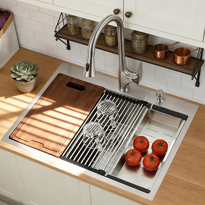 33x22 Drop in Kitchen Sink, SUS304 Stainless Steel Top Mount Workstation Sink, 16 Gauge Brushed Nickel Single Bowl Kitchen Sinks with Accessories for Kitchen Laundry Utility