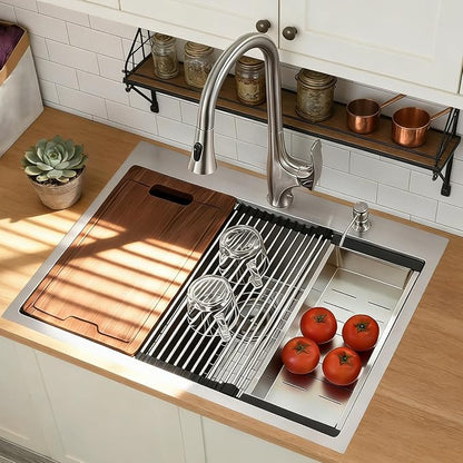 33x22 Drop in Kitchen Sink, SUS304 Stainless Steel Top Mount Workstation Sink, 16 Gauge Brushed Nickel Single Bowl Kitchen Sinks with Accessories for Kitchen Laundry Utility