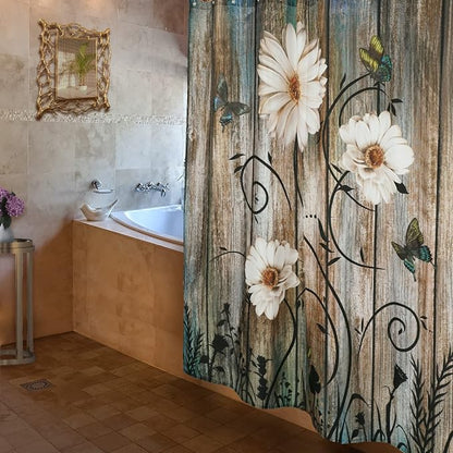 Rustic Shower Curtain Set Grey Floral Fabric Bath Curtain 12 Hooks Butterfly Daisy American Country Farm Style 84W×72 L Inches