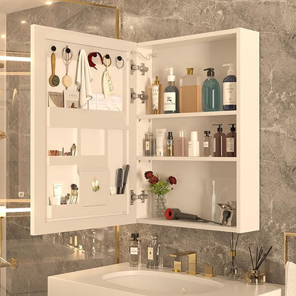 28x20 LED Lighted Bathroom Medicine Mirror Cabinet with Sockets & USBs, Anti-Fog Dimmable Light and Color Adjustment, Easy to Install, Moisture-Resistant Wood