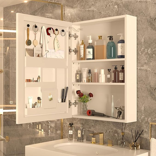 28x20 LED Lighted Bathroom Medicine Mirror Cabinet with Sockets & USBs, Anti-Fog Dimmable Light and Color Adjustment, Easy to Install, Moisture-Resistant Wood