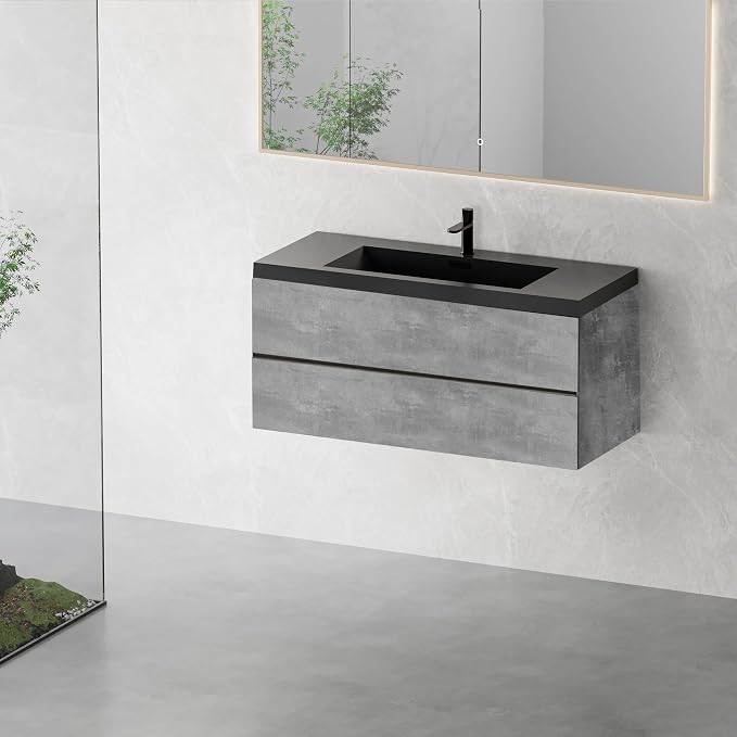 48" Floating Bathroom Vanity with Sink, Modern Wall-Mounted Bathroom Storage Vanity Cabinet with Two Black Quartz Sand Top Basins and Four Soft Close Drawers, Cement Grey