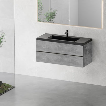 48" Floating Bathroom Vanity with Sink, Modern Wall-Mounted Bathroom Storage Vanity Cabinet with Two Black Quartz Sand Top Basins and Four Soft Close Drawers, Cement Grey