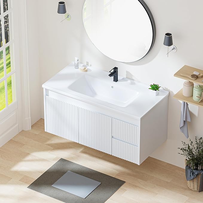Floating Bathroom Vanity with Sink, 40 Inch Wall Mounted Bathroom Vanity with 2 Drawers and Wave-Carved Design Door, Modern Wooden Cabinet with Ceramic Sink and Storage, White