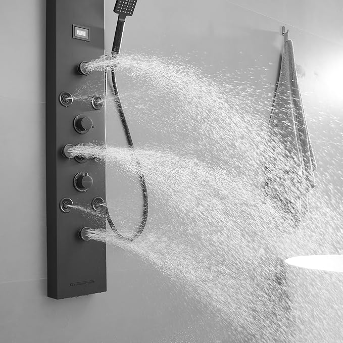 Shower Panel, Shower Tower, Bathroom Shower Panel Tower System, 6 IN 1 Shower Functions, Stainless Steel Wall Mounted, Black