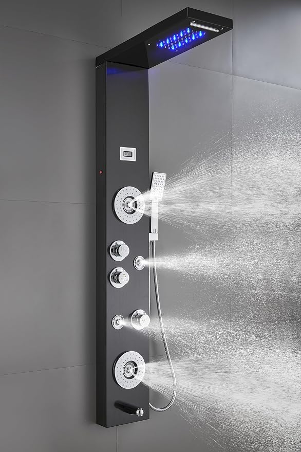 ELLO&ALLO Stainless Steel Shower Panel Tower System,LED Shower Head 6-Function Faucet Rain Massage System with Body Jets, Black