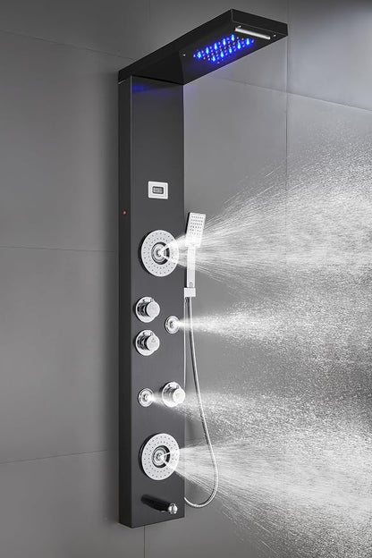 ELLO&ALLO Stainless Steel Shower Panel Tower System,LED Shower Head 6-Function Faucet Rain Massage System with Body Jets, Black